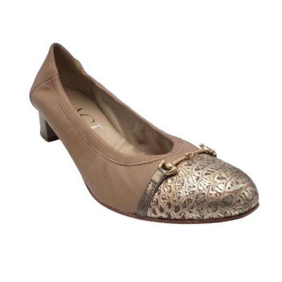 AGL Leather Embossed Faux Snakeskin Cap Toe Pump Heel Tan/Gold Womens Size 42 - Picture 1 of 6